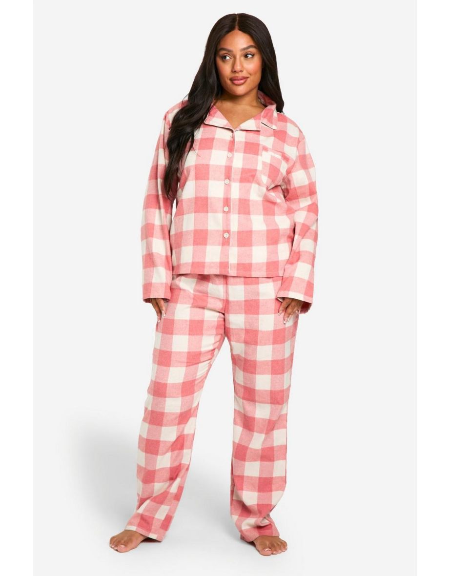 Plus Oversized Check Flannel Pyjama Set - pink