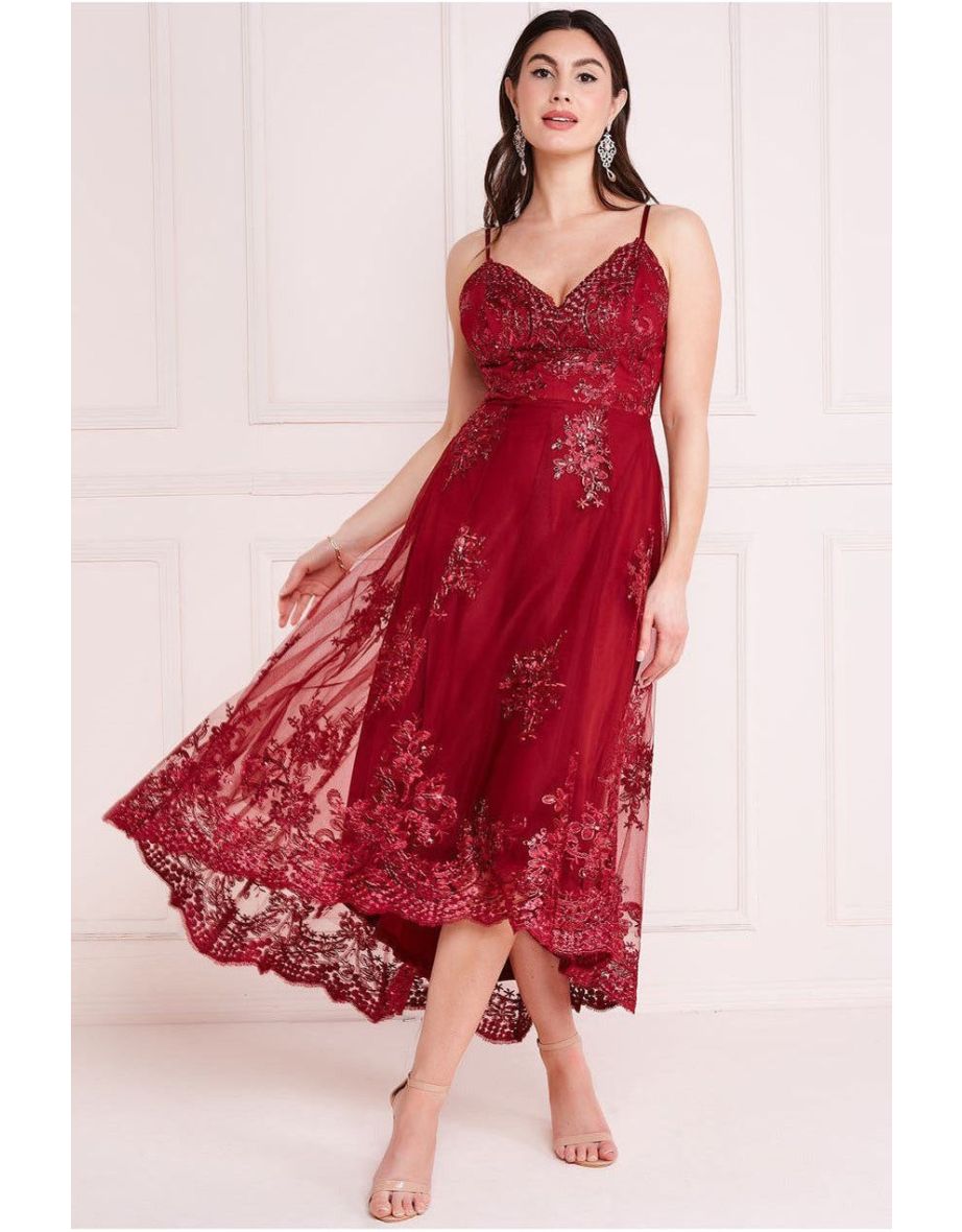 Goddiva High Low Scalloped Midi Dress - Burgundy