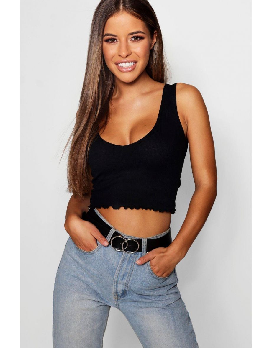 Petite Amanda Lettuce Hem V Neck Crop Top - black