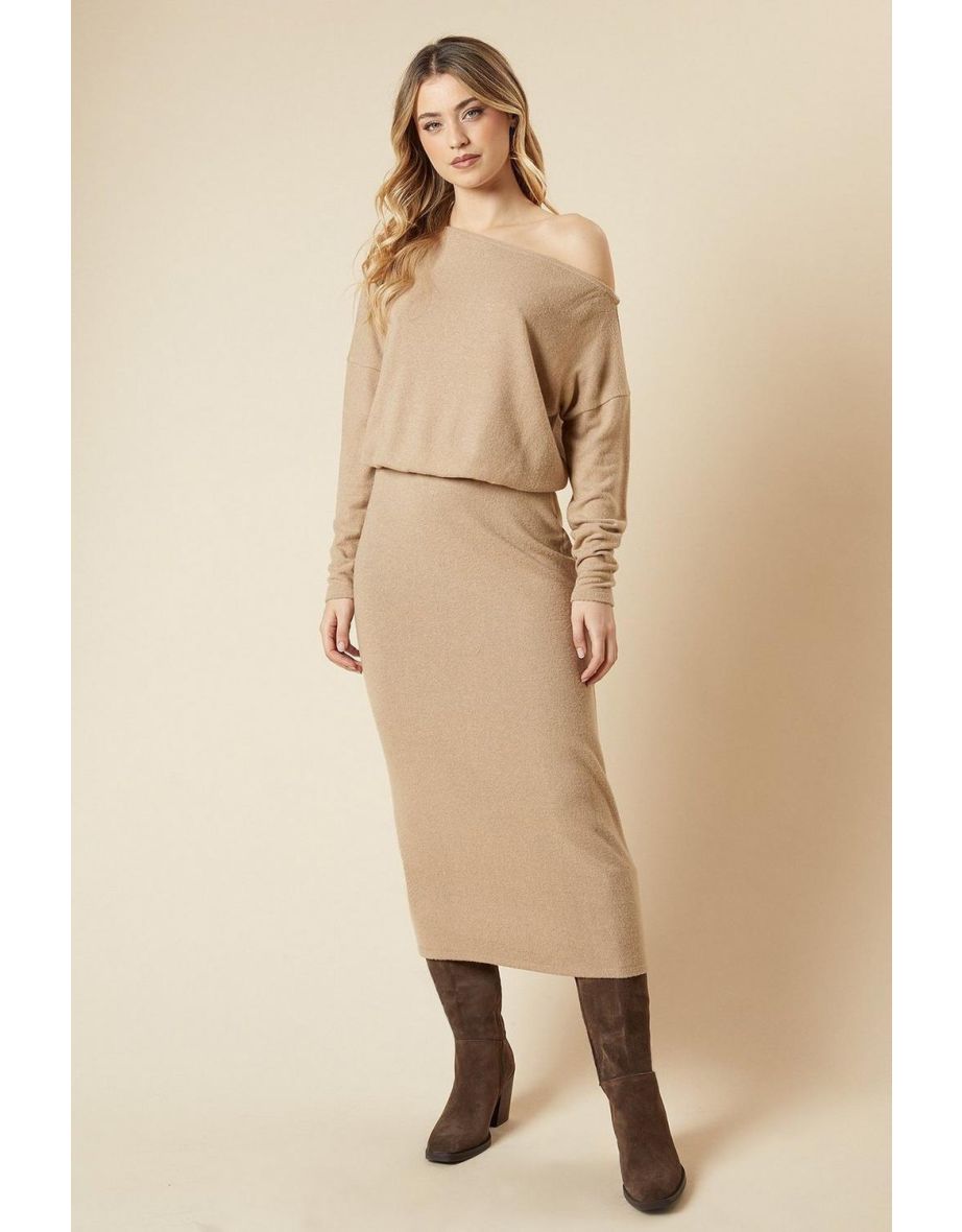 Brushed Slash Neck Midi Dress