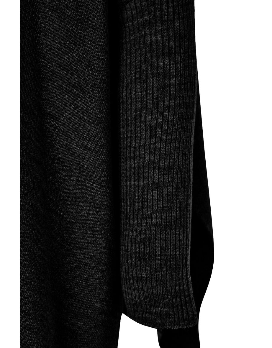 Black Stand Collar Slit Detail Relax Fit Knitwear Sweater - 7