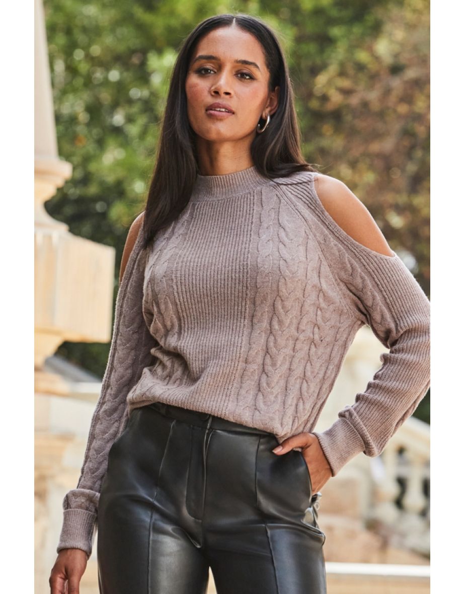 Taupe Cable Knit Cut Out Shoulder Jumper