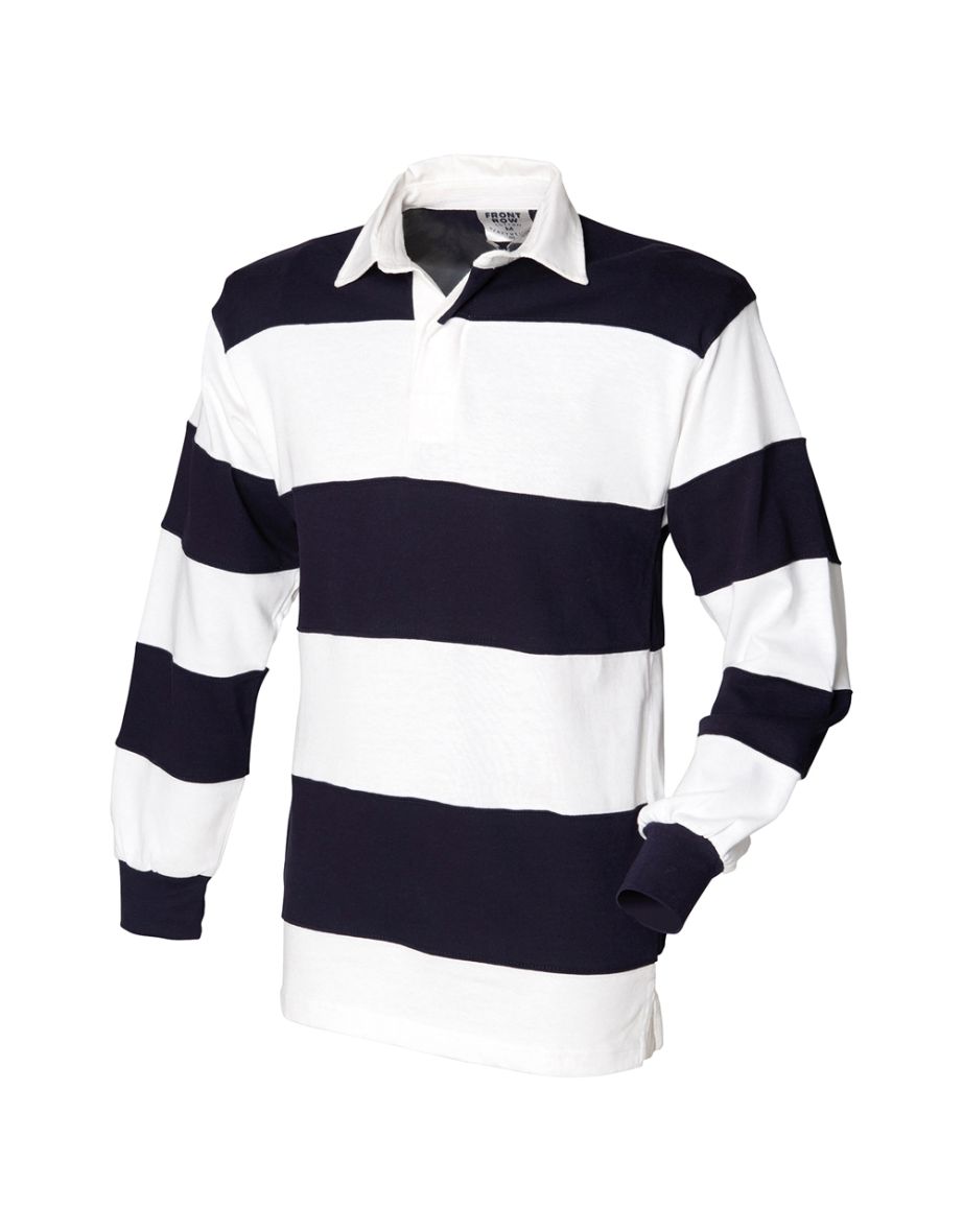 Front Row Mens Stripe Sewn Rugby Polo Shirt - White/Navy - 2