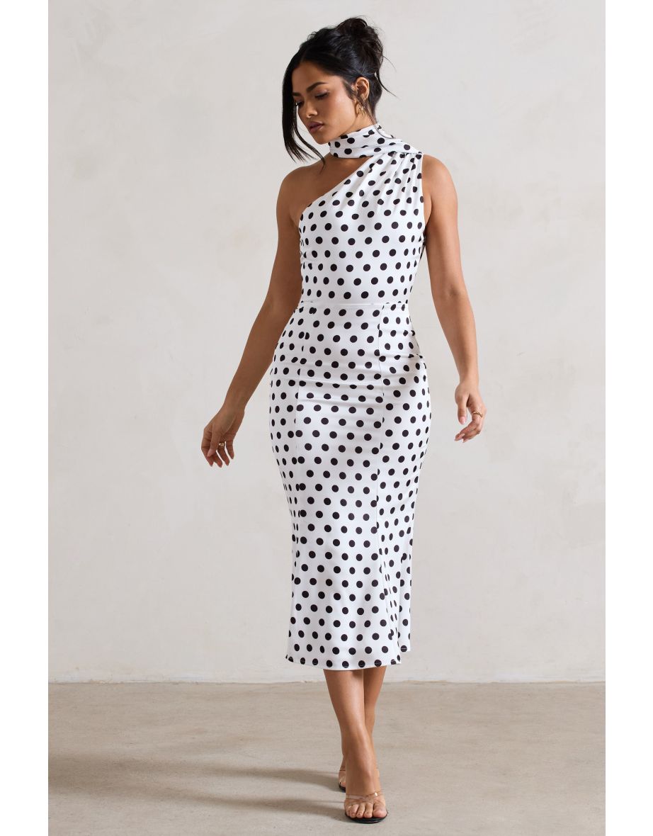 Shop Golden Girl White Polka Dot Asymmetric High Neck Flared Dress Online in Bahrain VogaCloset