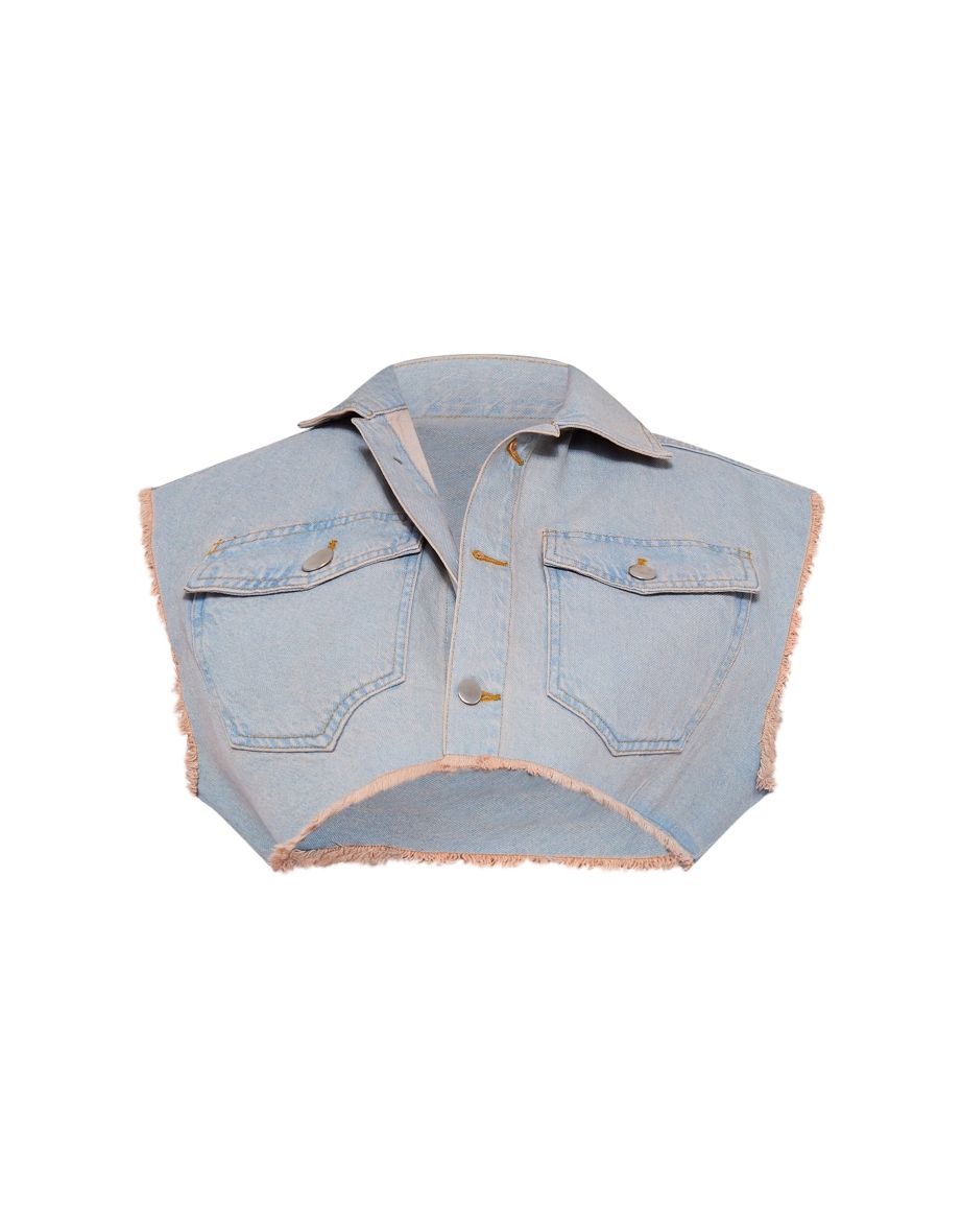 Vintage Bleach Wash Sleeveless Raw Edge Cropped Denim Jacket - 4