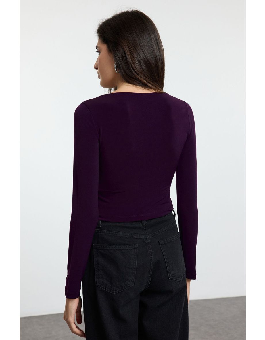 Purple Fitted/Body-Sit Rose Detailed Knitted Top - 4