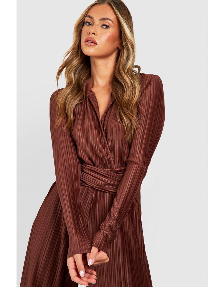 Premium Plisse Collared Jumpsuit - chocolate - 3