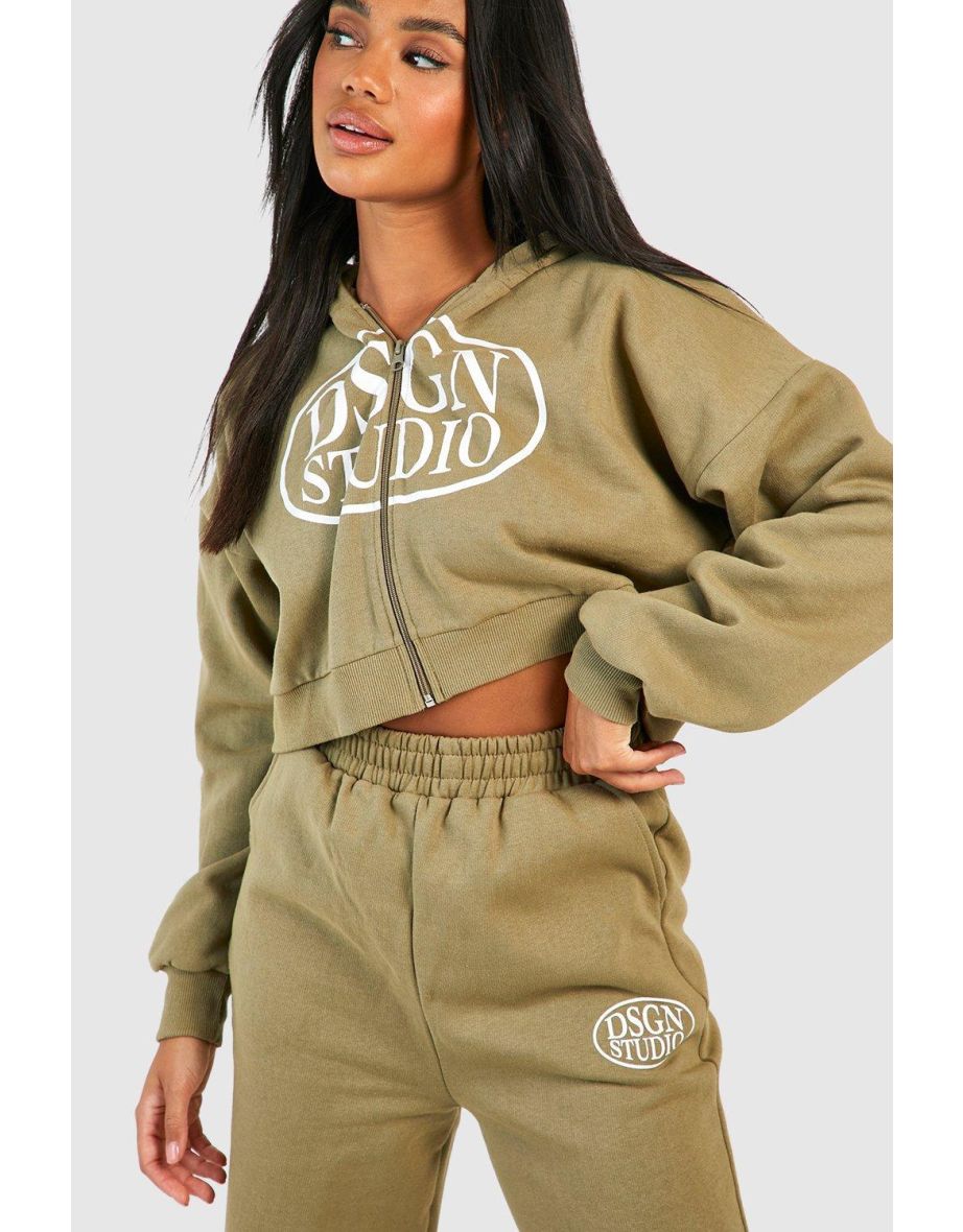 Dsgn Studio Slogan Straight Leg Jogger Hooded Tracksuit - khaki - 3