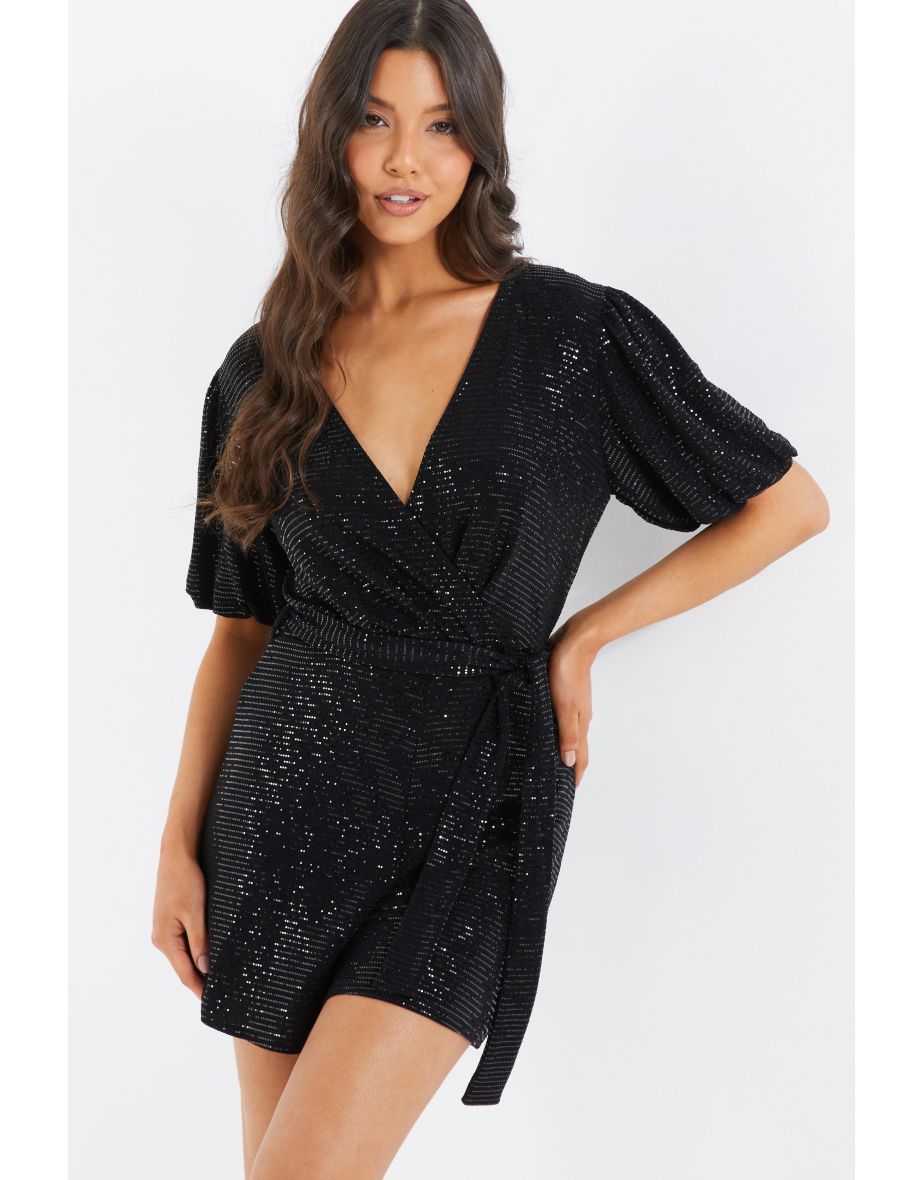Black Sequin Wrap Playsuit