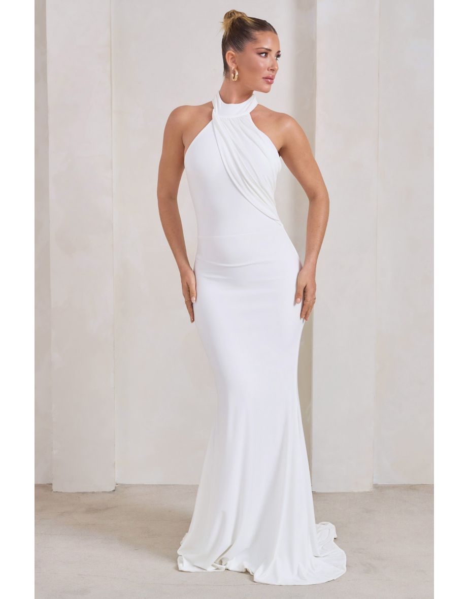 Marion | White High Neck Maxi Dress With Statement Train - 4