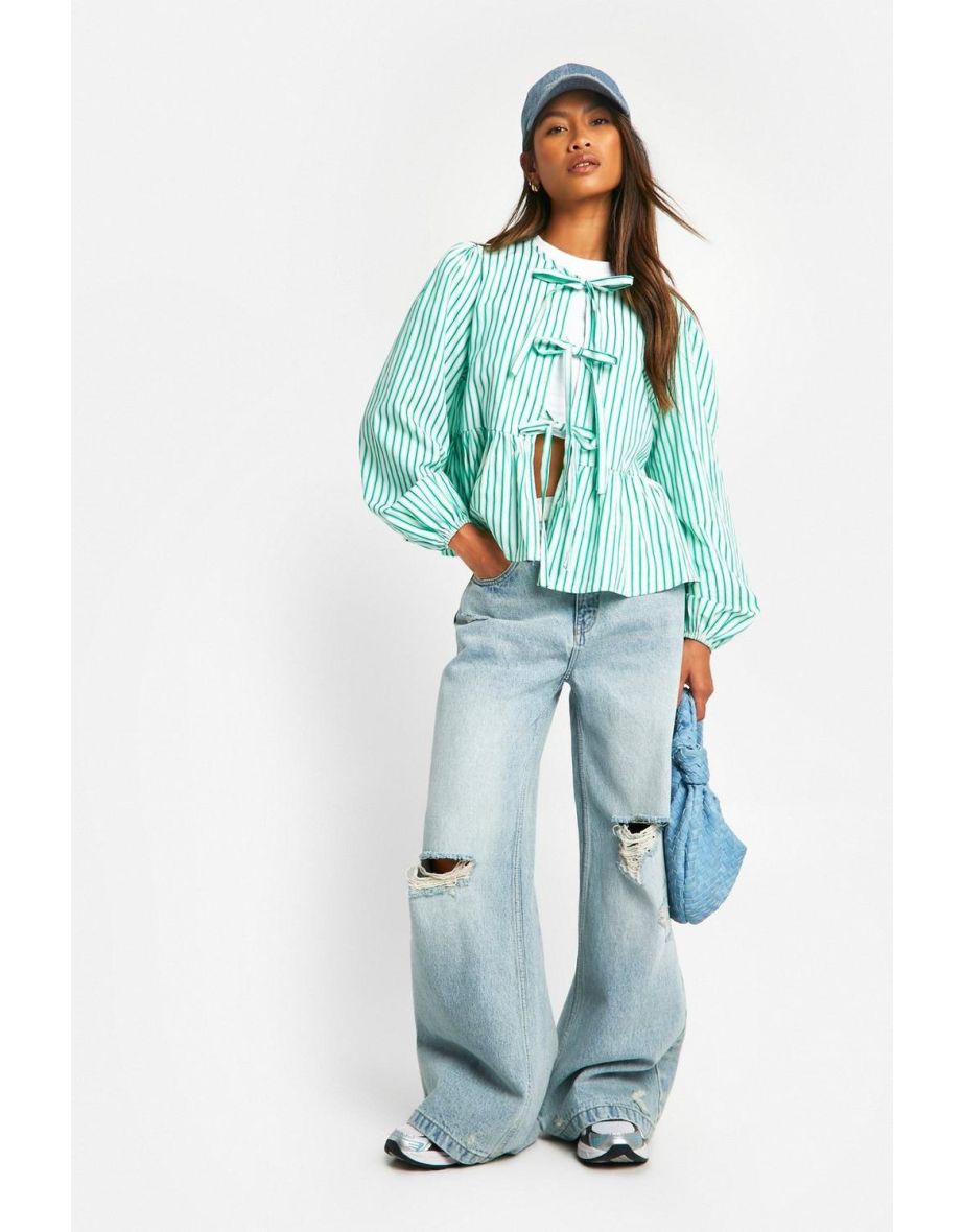 Green Stripe Tie Front Puff Long Sleeve Smock Top - green