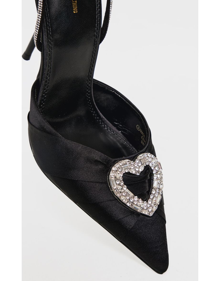 Black Satin Point Toe Diamante Heart Court Heels - 3