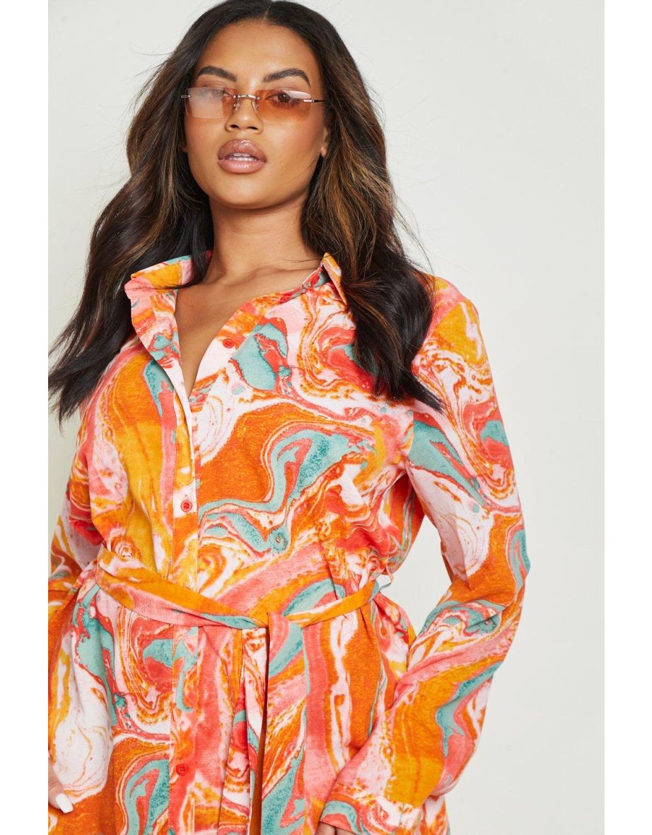 Plus Marble Effect Printed Shirt Dress - orange - 3