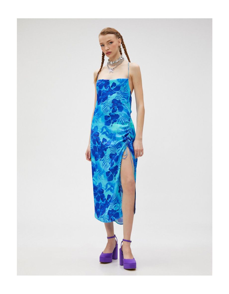 A Slit Floral Midi Dress Crisscross Back Thin Straps Straight Collar