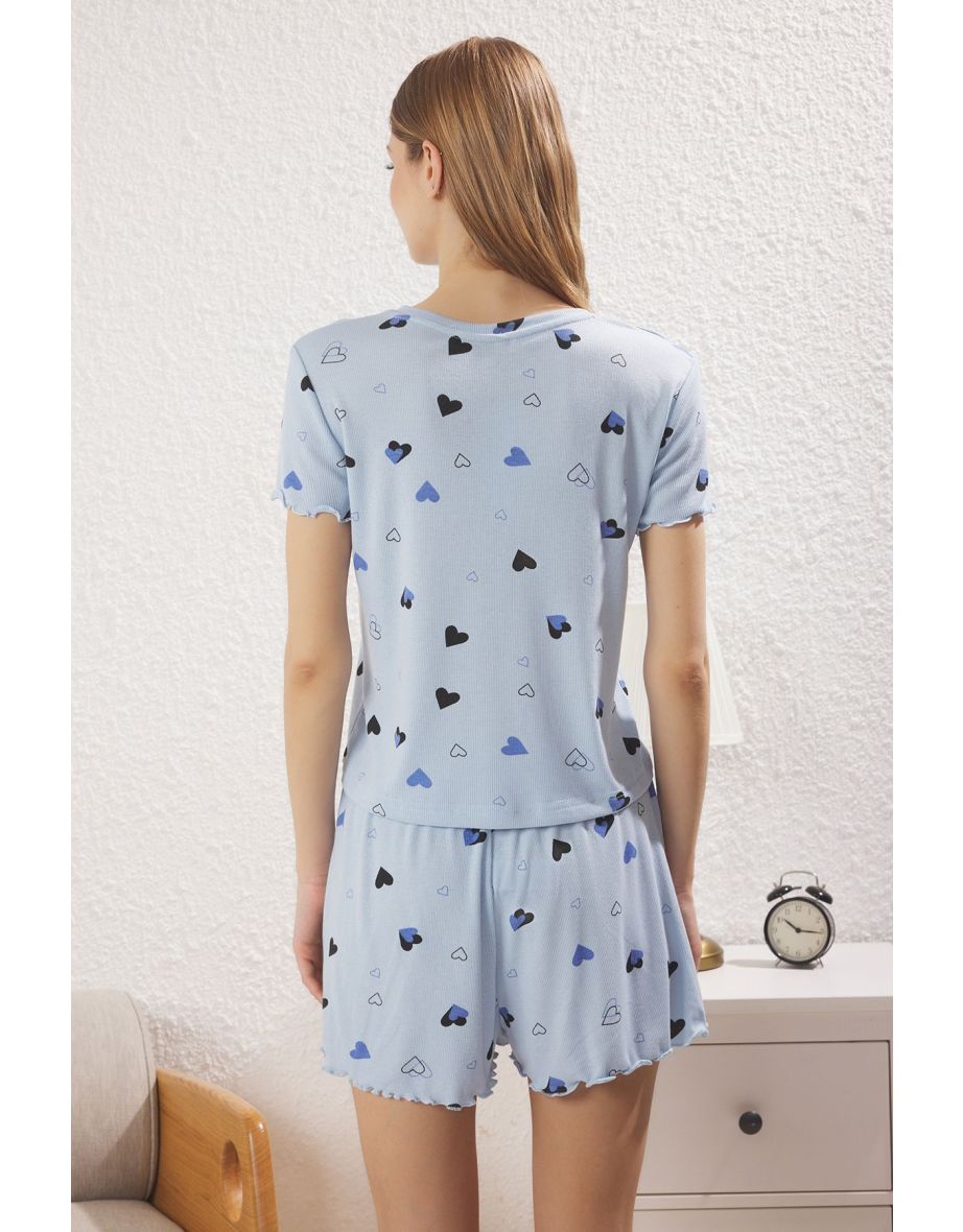 Blue Heart Slogan Printed Elastic Ribbed Shorts and Knitted Pajama Set - 3