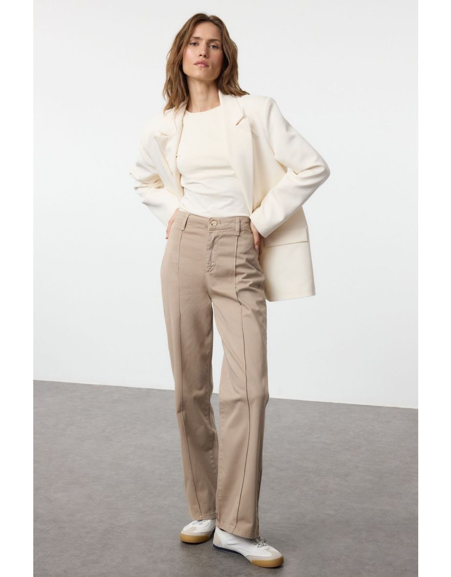Mink Stitch Detailed High Waist Wide Leg Trousers