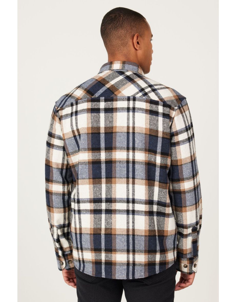 Men's Brown-Navy Oversize Fit Wide Cut Hidden Button Collar Checkered Shirt Jacket - 5