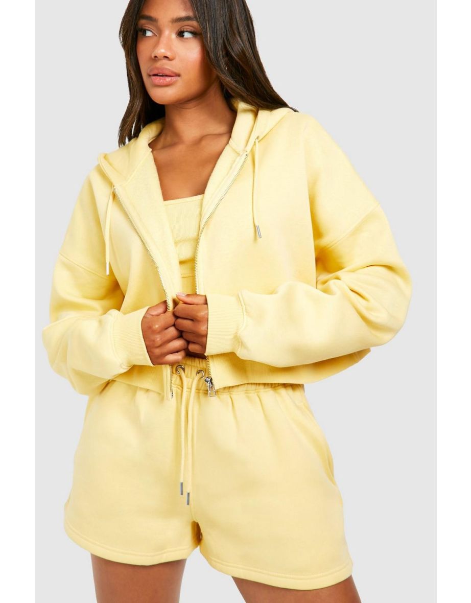 Deep Hem Crop Top 3 Piece Hooded Short Tracksuit - lemon - 3