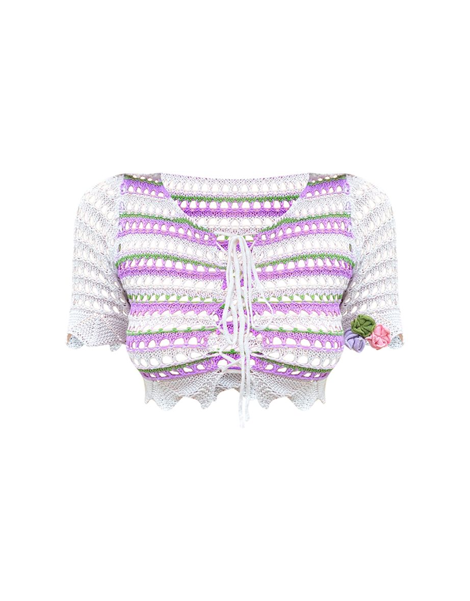 Purple Open Crochet Knit Lace Up Floral Applique Top - 4