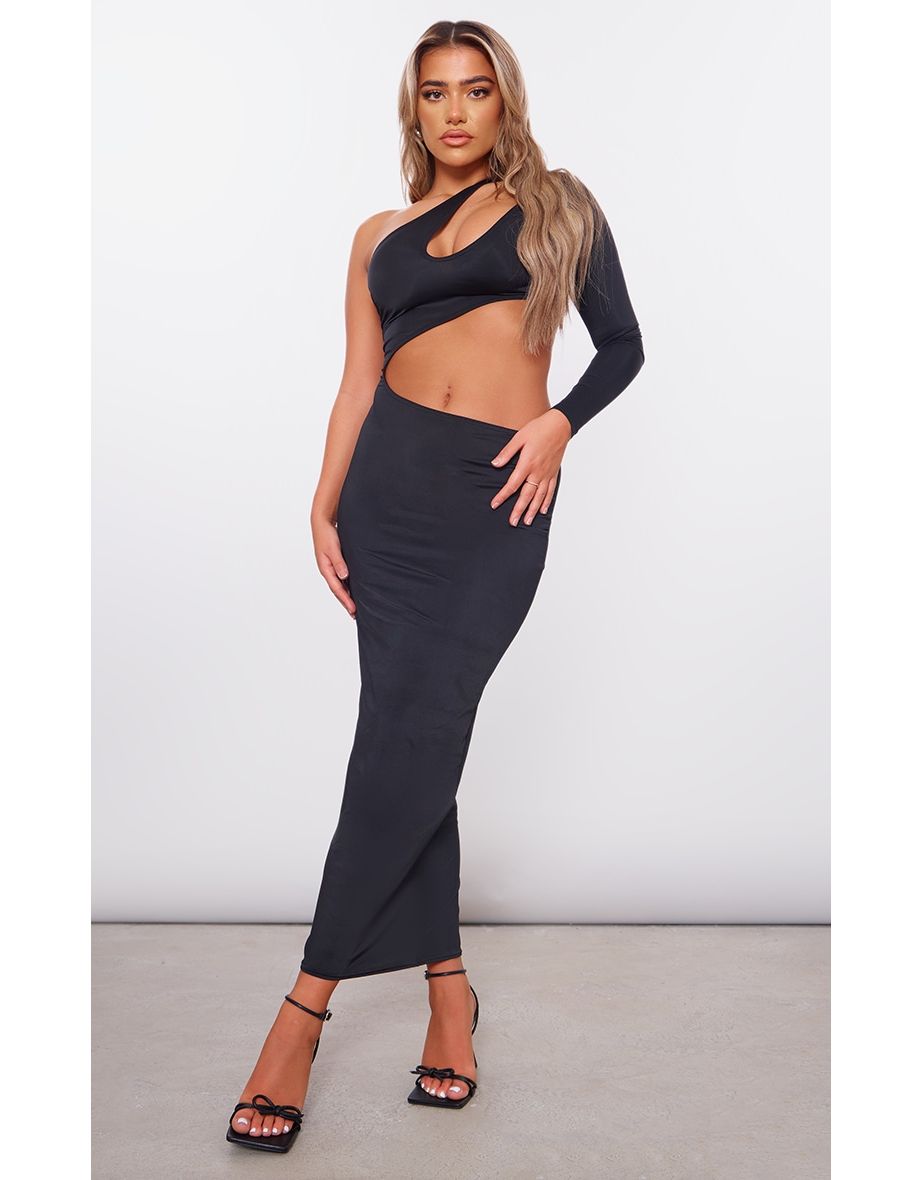 Black Slinky One Sleeve Cut Out Maxi Dress