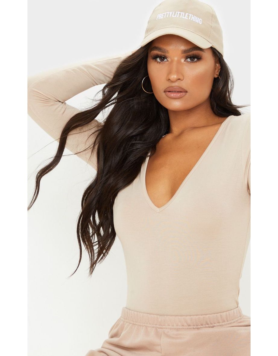 Sand Basic V Neck Long Sleeve Bodysuit - 2