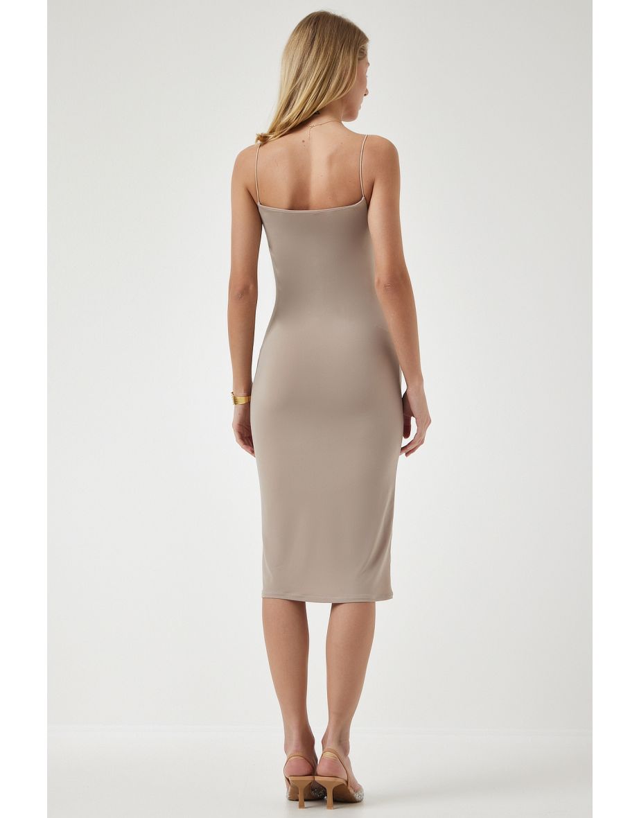 Women's Dark Beige Strappy Jersey Knitted Dress - 5