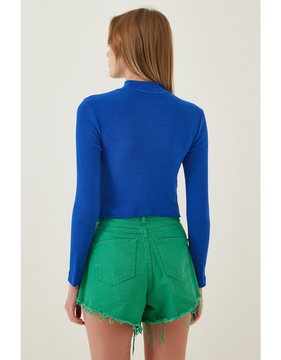 Women's Vibrant Blue Ribbed Turtleneck Crop Knitted Top - 2