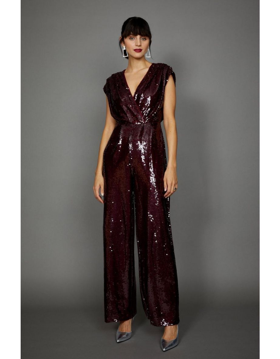 Sequin Sleeveless Wrap Jumpsuit - wine