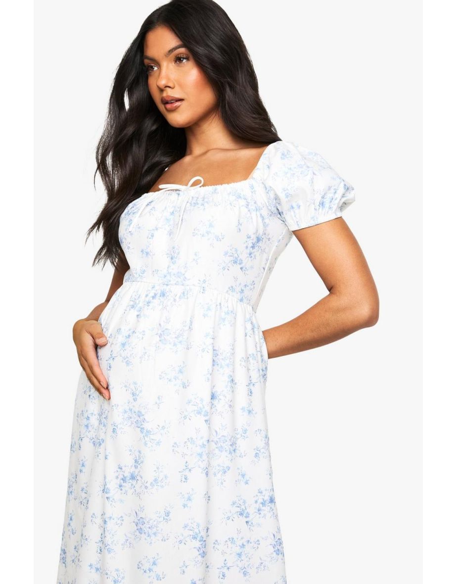 Maternity Bengaline Puff Sleeve Porcelain Print Milkmaid Midi Dress - light blue - 3