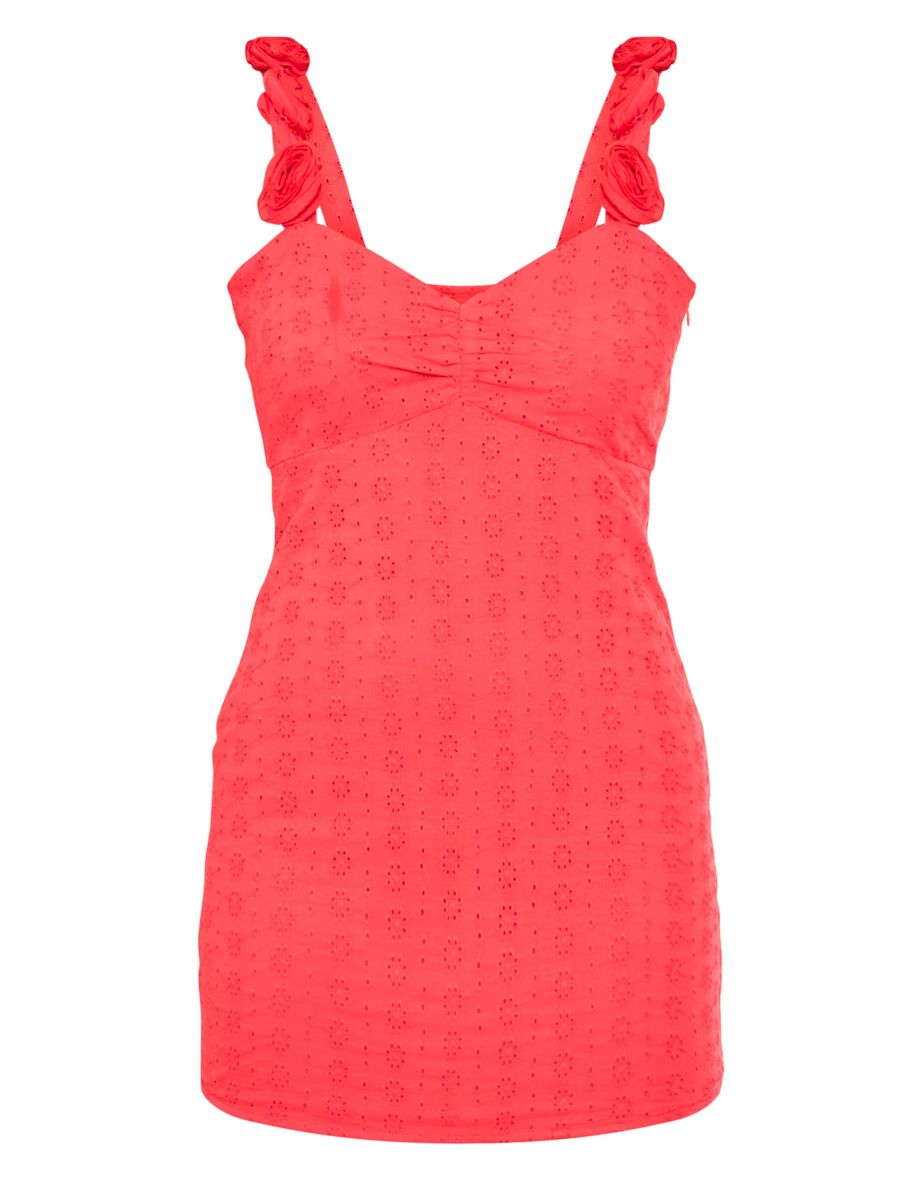 Red Broderie Corsage Ruched Bodycon Dress - 4