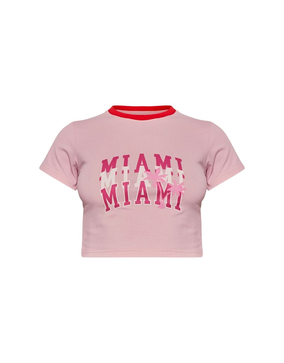 Pink Miami Printed Fitted Crop T Shirt - 4