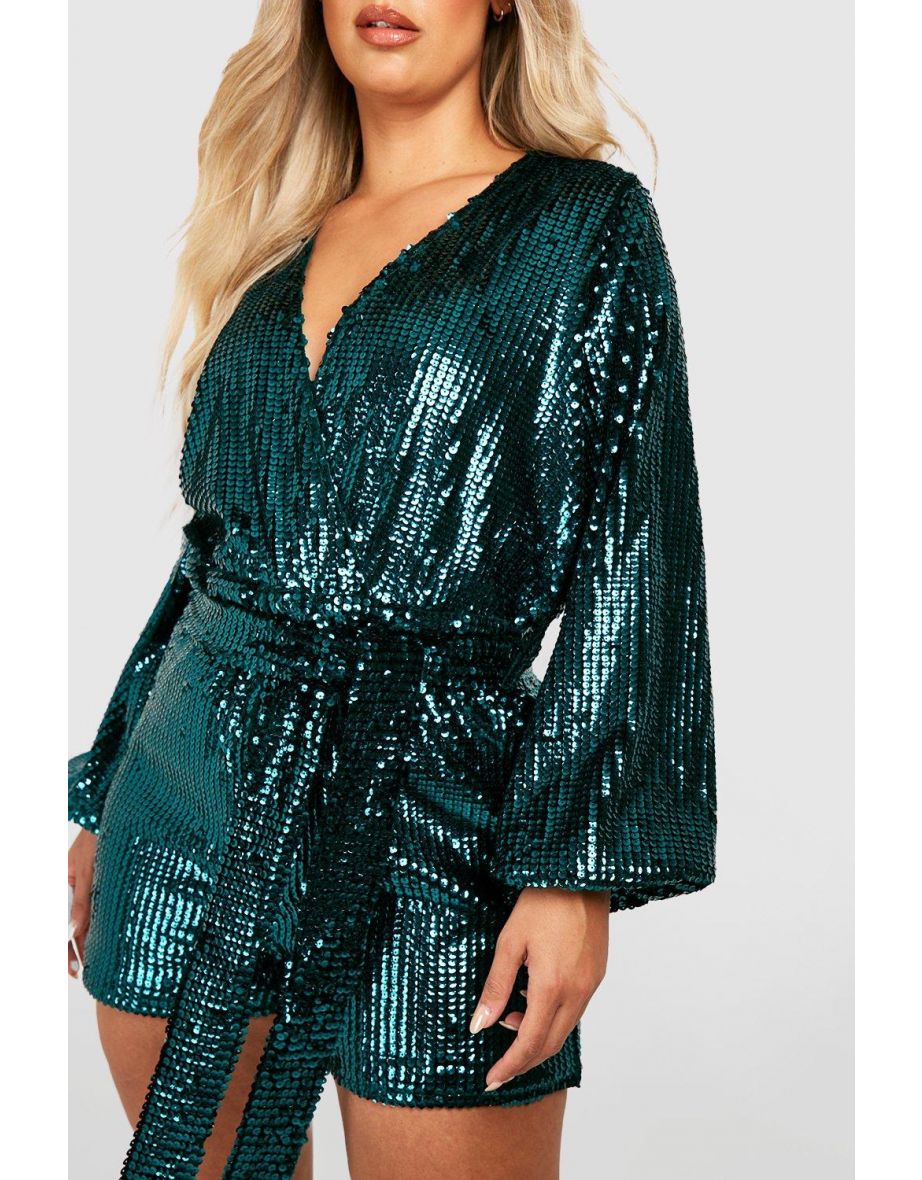 Plus Velvet Sequin Tie Waist Playsuit - evergreen - 3
