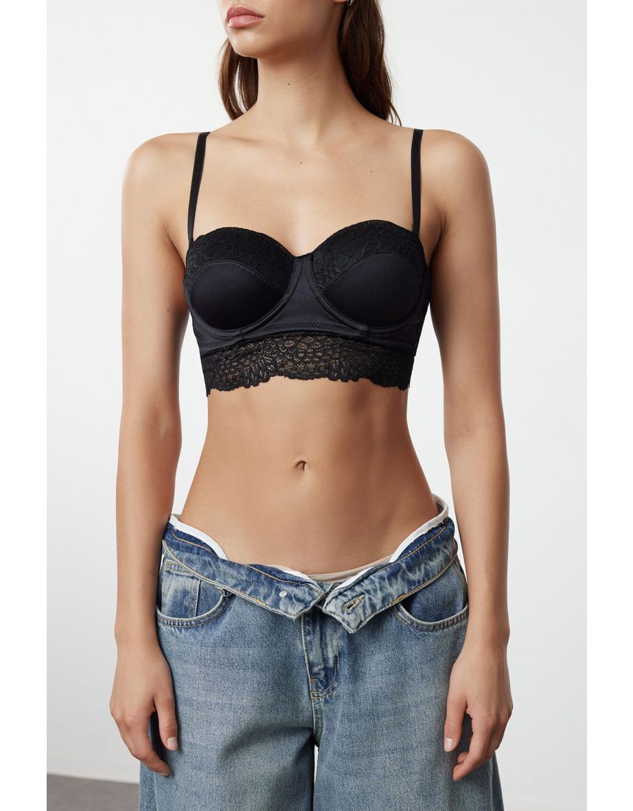 Black Single Micro Underwire Lace/Mesh/Mesh Openwork Push Up Strapless Bra