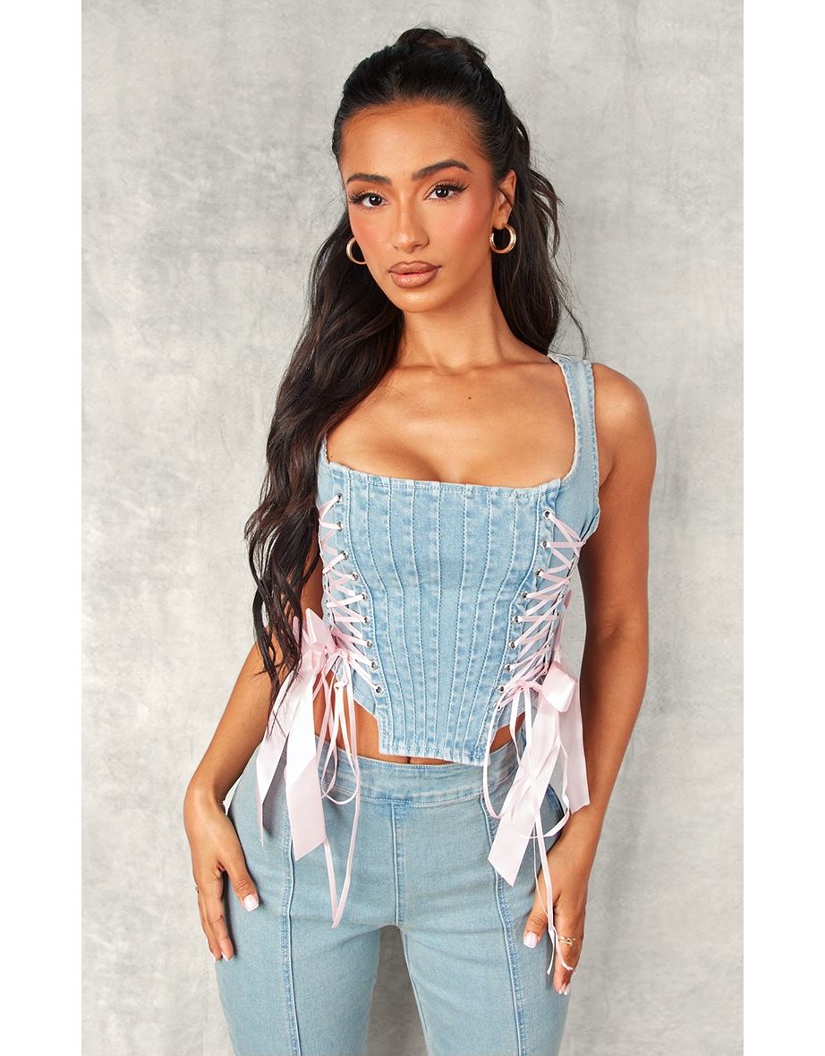 Petite Mid Blue Wash Denim Corset With Ribbon Details