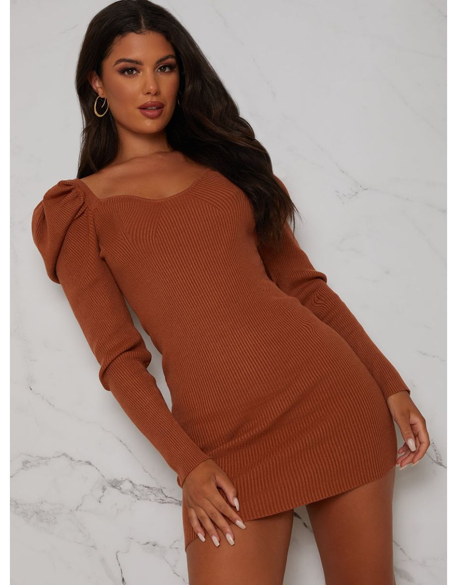 Sweetheart Neckline Puff Sleeve Knitted Jumper Dress in Rust