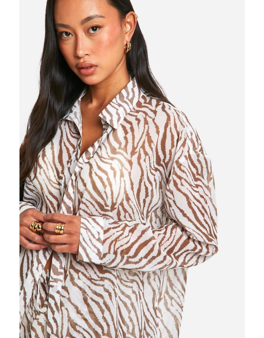 Tiger Chiffon Button Up Beach Shirt - cream - 3