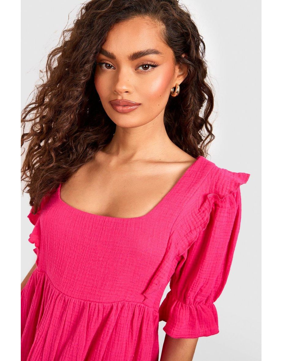 Textured Cotton Ruffle Smock Dress - hot pink - 3