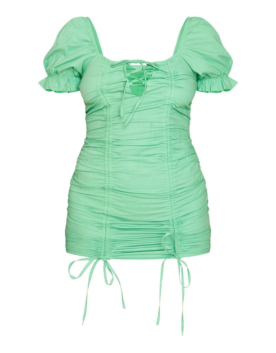 Green Lace Up Ruched Puff Sleeve Bodycon Dress - 4