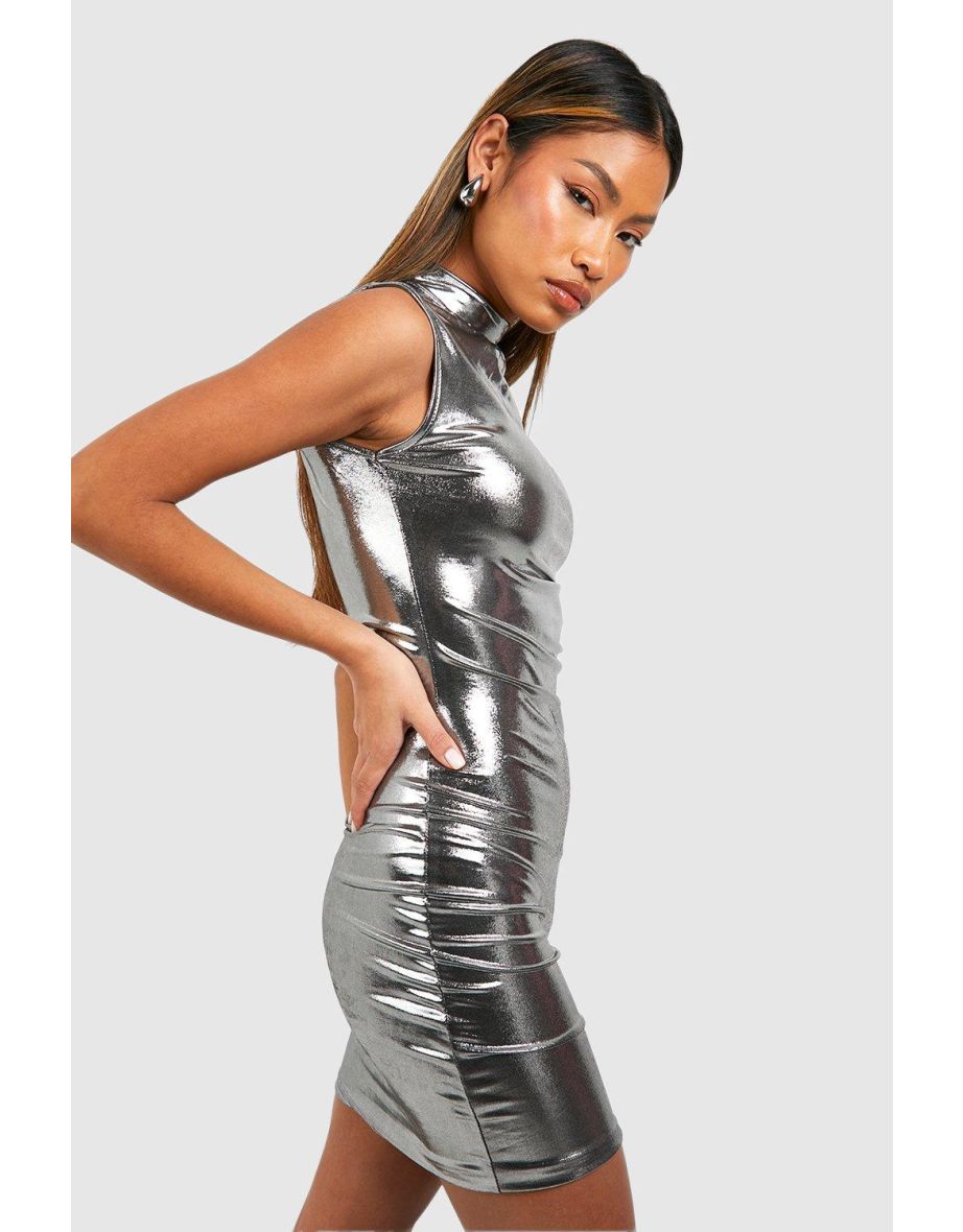 Metallic High Neck Mini Dress - silver - 3