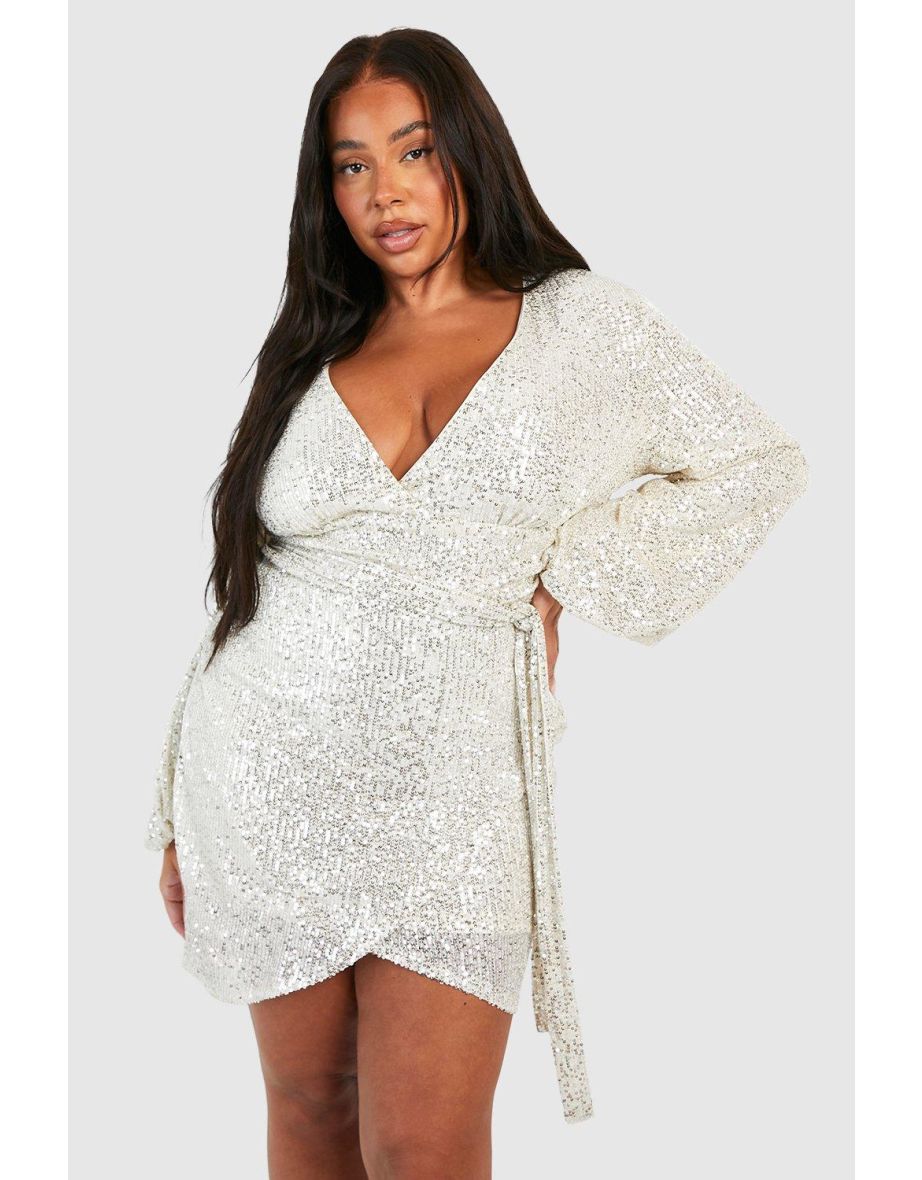 Plus Sequin Tie Belt Wrap Dress