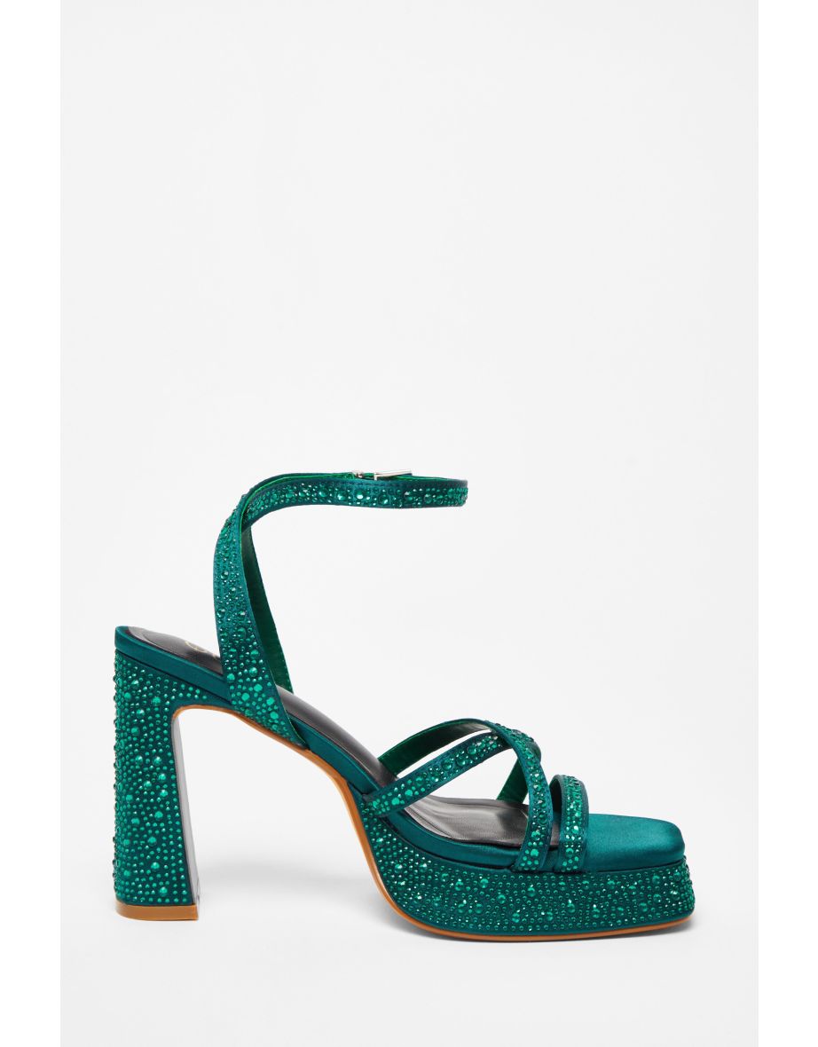 Dark Green Diamante Platform Heels - 4