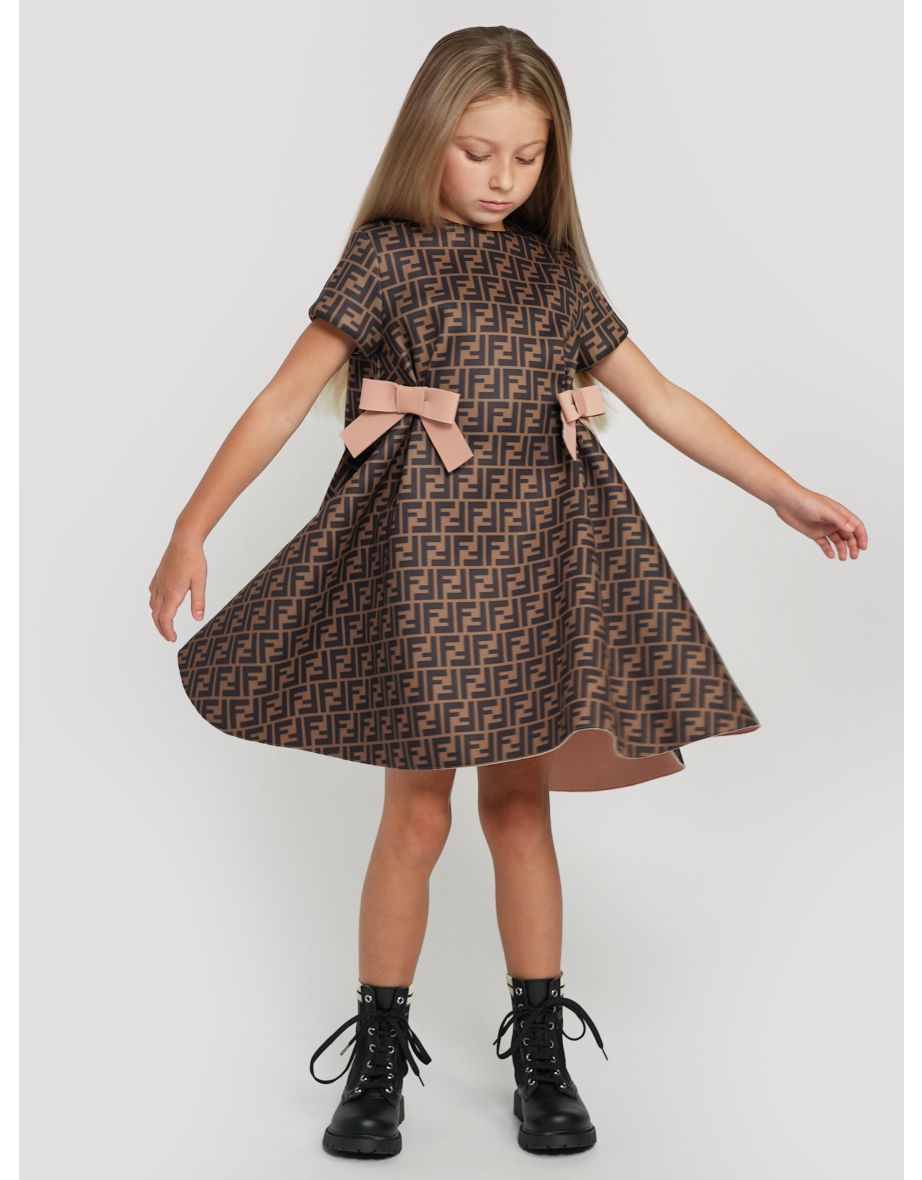 Girls Neoprene FF Logo Dress in Brown