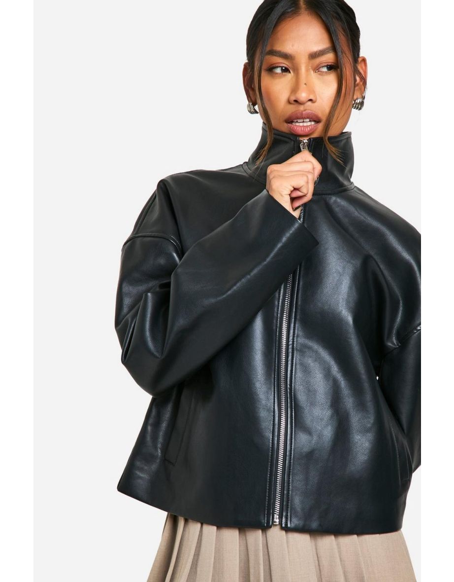 Funnel Neck Faux Leather Bomber Jacket - black - 3