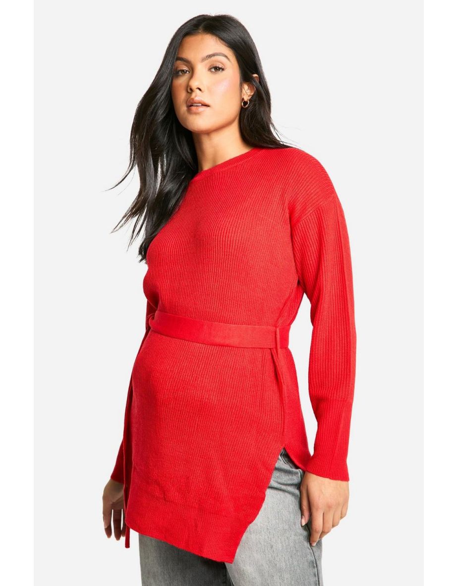 Maternity Side Split Knitted Tie Waist Jumper