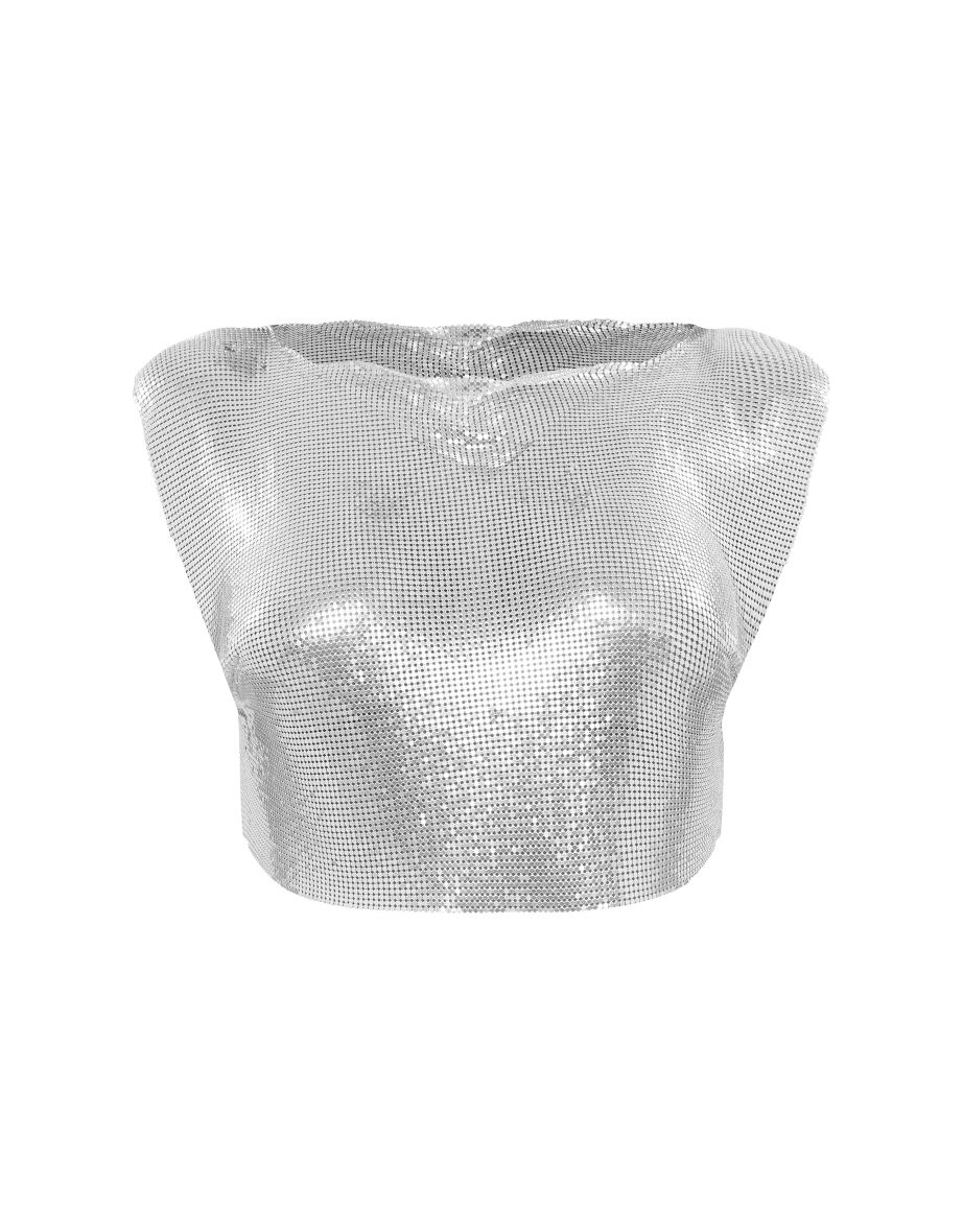 Premium Silver Rhinestone Chainmail Backless Cowl Neck Top - 4