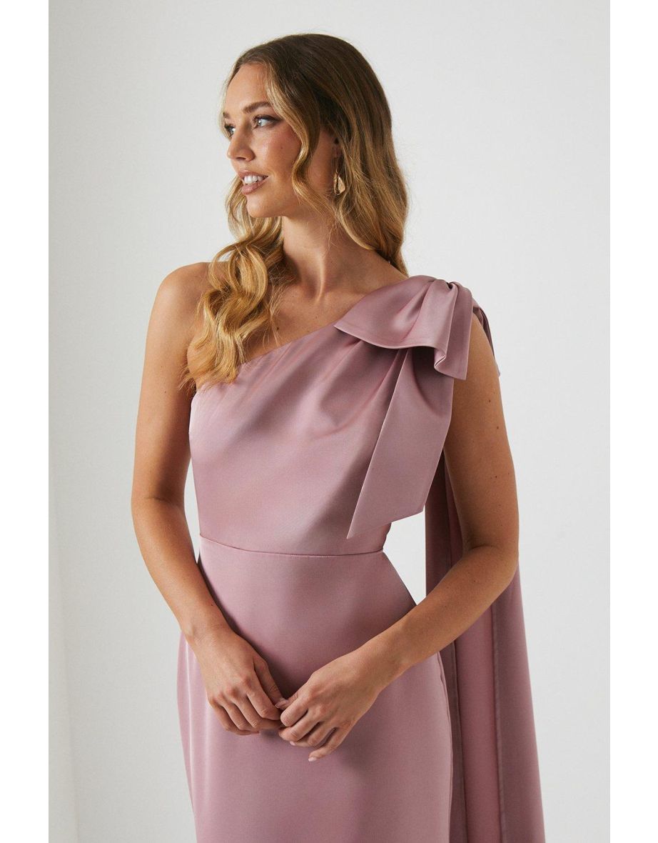 Bow And Drape Detail One Shoulder Satin Bridesmaids Dress - 3