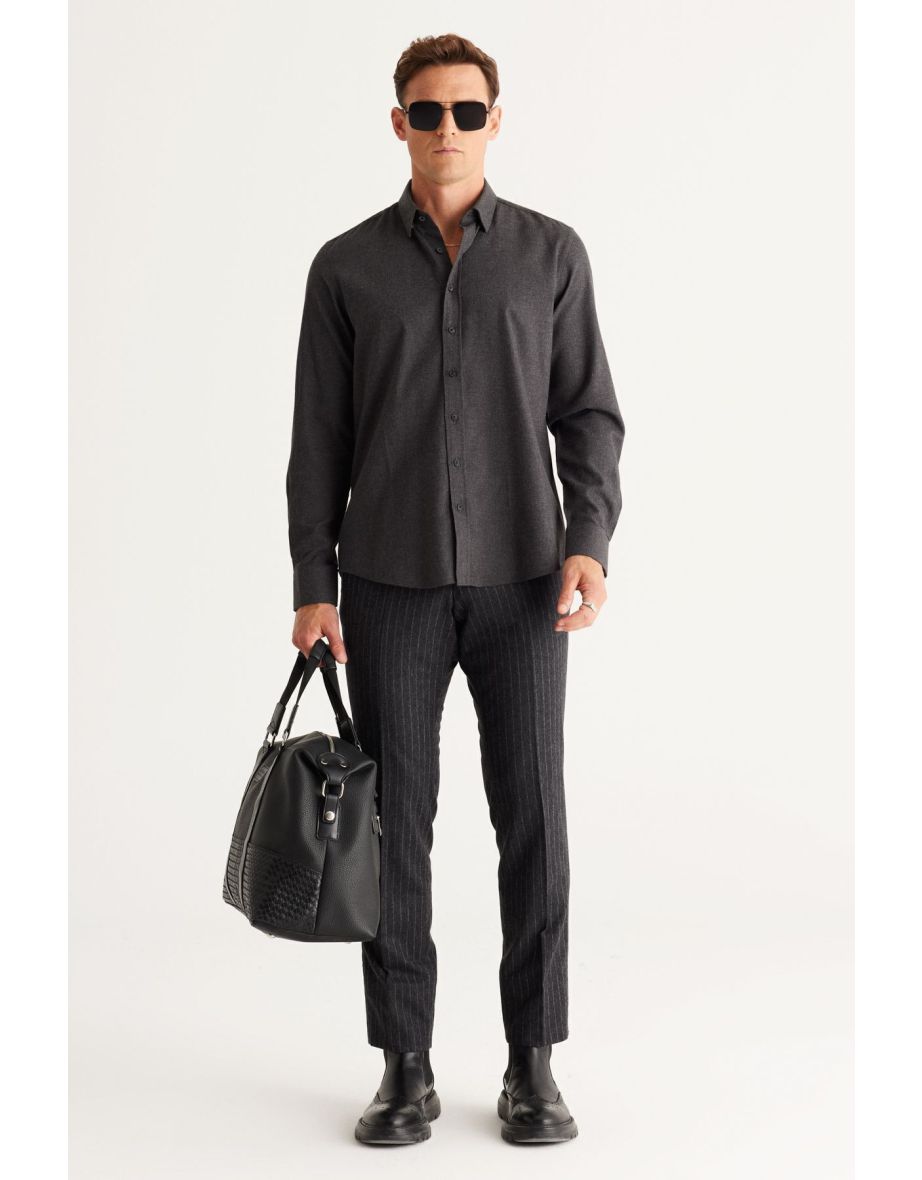 Men's Anthracite Cotton Flannel Oxford Slim Fit Slim Fit Hidden Button-down Collar Shirt