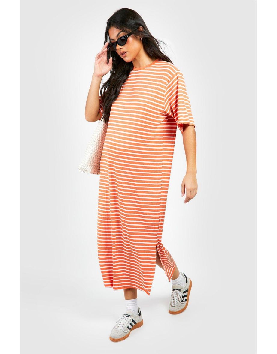 Maternity Jersey Stripe Midi T-shirt Dress - orange
