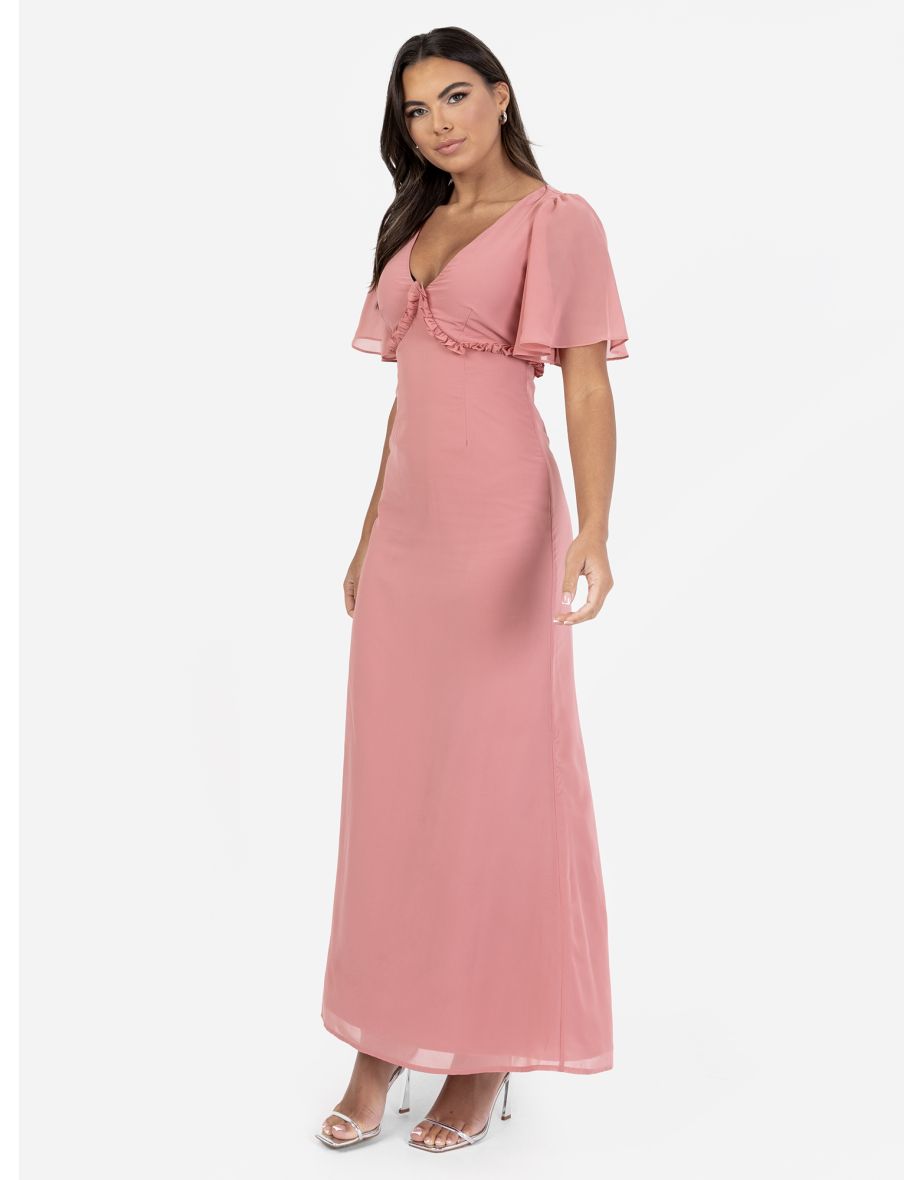 Anaya With Love Recycled Dusty Rose V Neck Short Flutter Sleeve Maxi Dress with Frill Detail