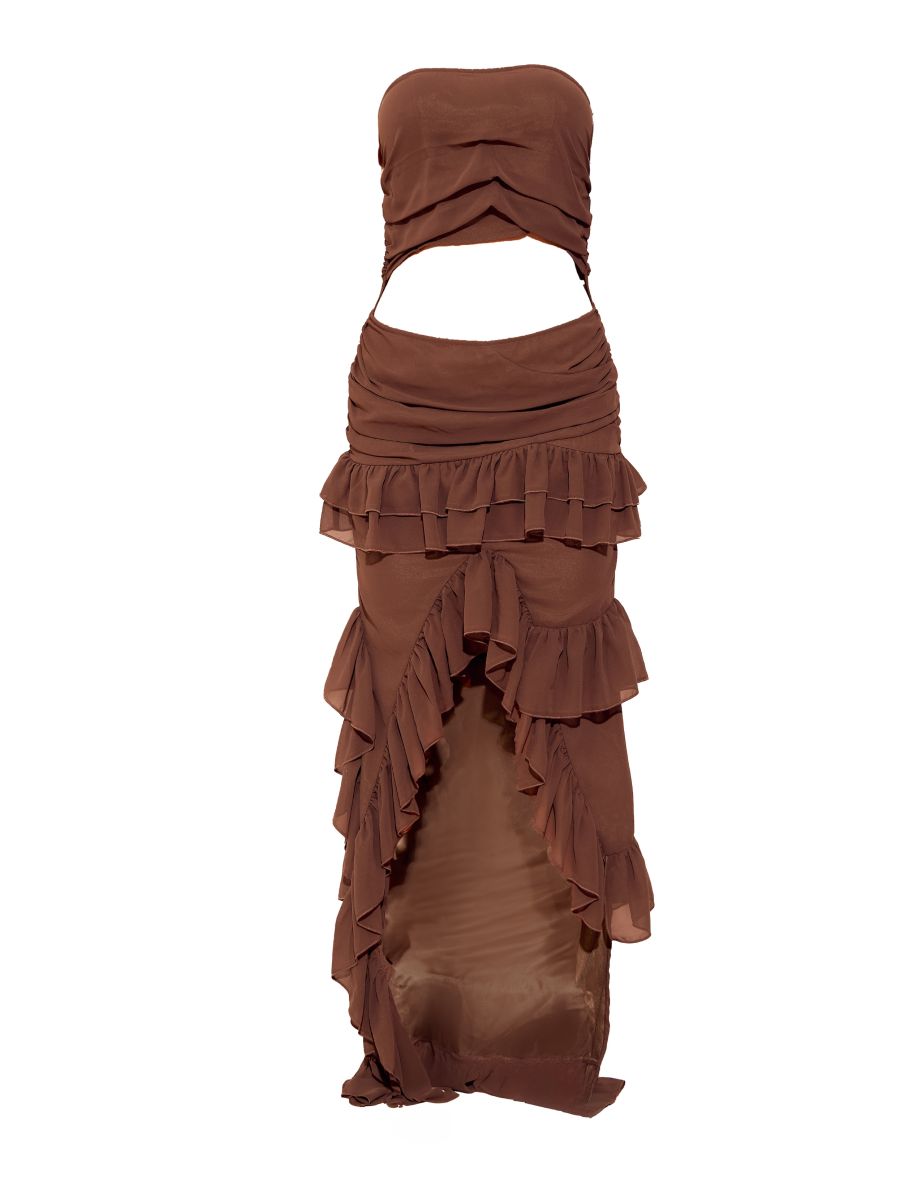 Brown Chiffon Ruched Cut Out Asymmetric Hem Midi Dress - 4